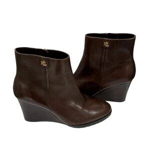 Ralph Lauren SHALEY Wedge Ankle Boots Size 7.5M Brown Stacked Heel Ankle Booties
